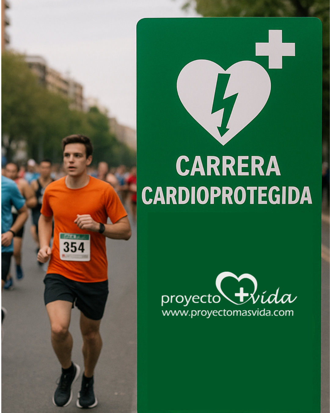 Corredores participando en una carrera cardioprotegida, pasando junto a un cartel de DESA que señala la ubicación de los desfibriladores