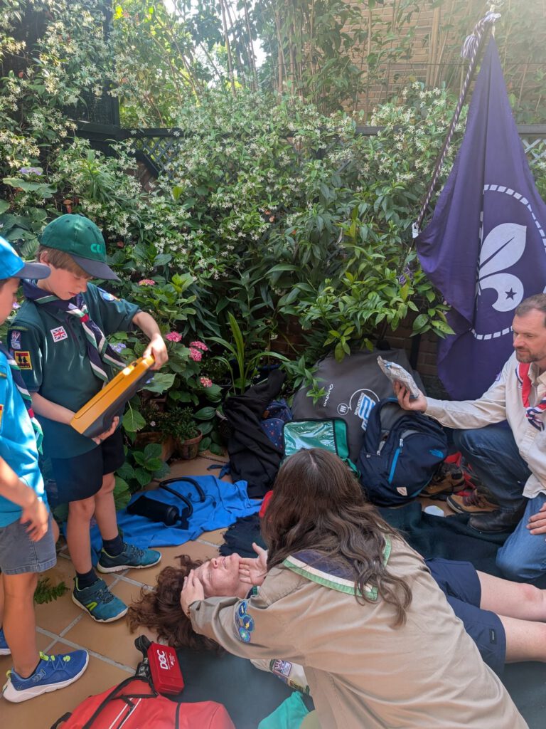 Niños de St. George School aprendiendo a usar un desfibrilador DESA y realizando maniobras de RCP durante el campamento cardioprotegido First Scout.
